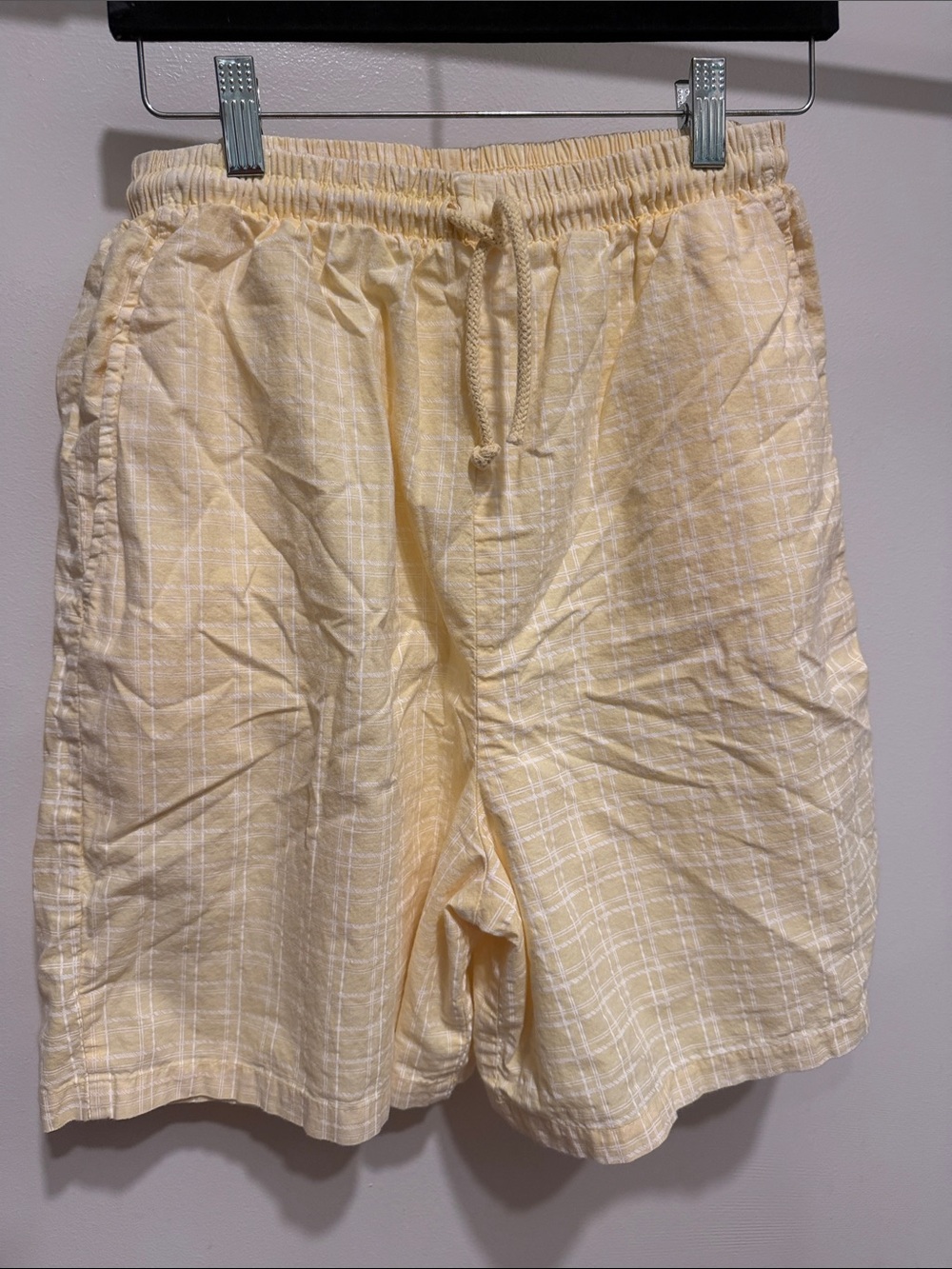 fresh produce Pale Yellow Plaid High-Waist Drawstring Shorts